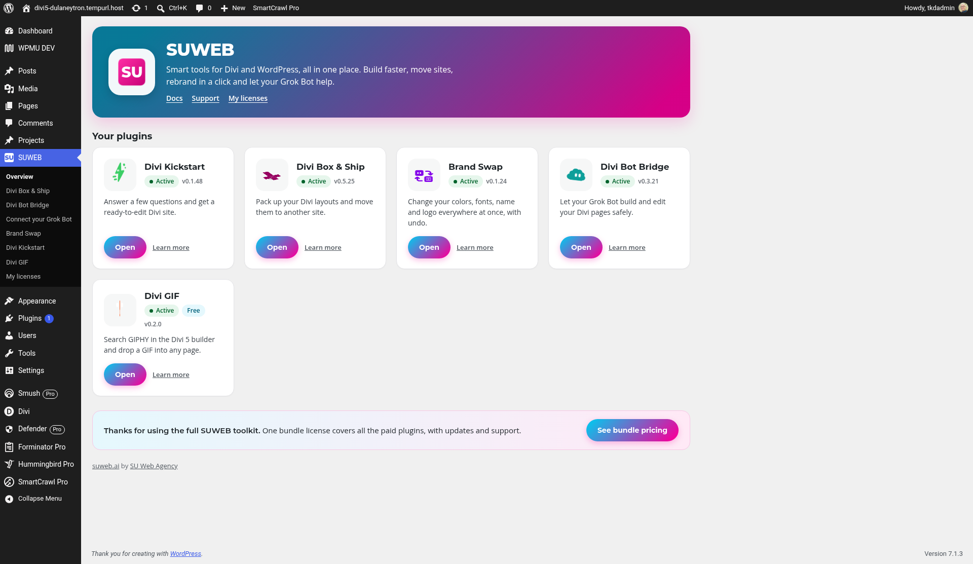 The SUWEB menu in the WordPress sidebar Divi Bot Bridge: The SUWEB menu in the WordPress sidebar