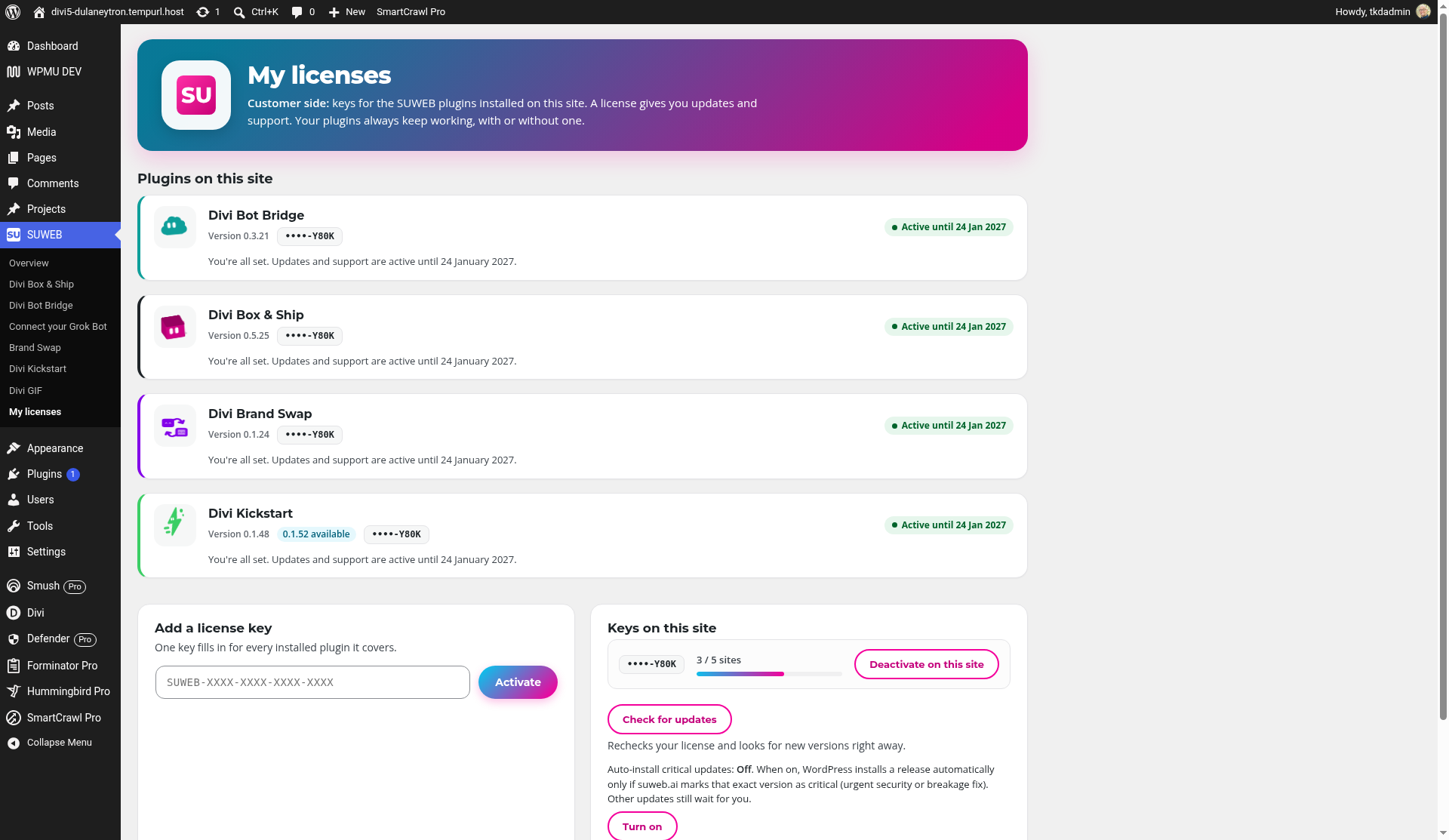 SUWEB > My licenses with active licenses Divi Bot Bridge: SUWEB > My licenses with active licenses
