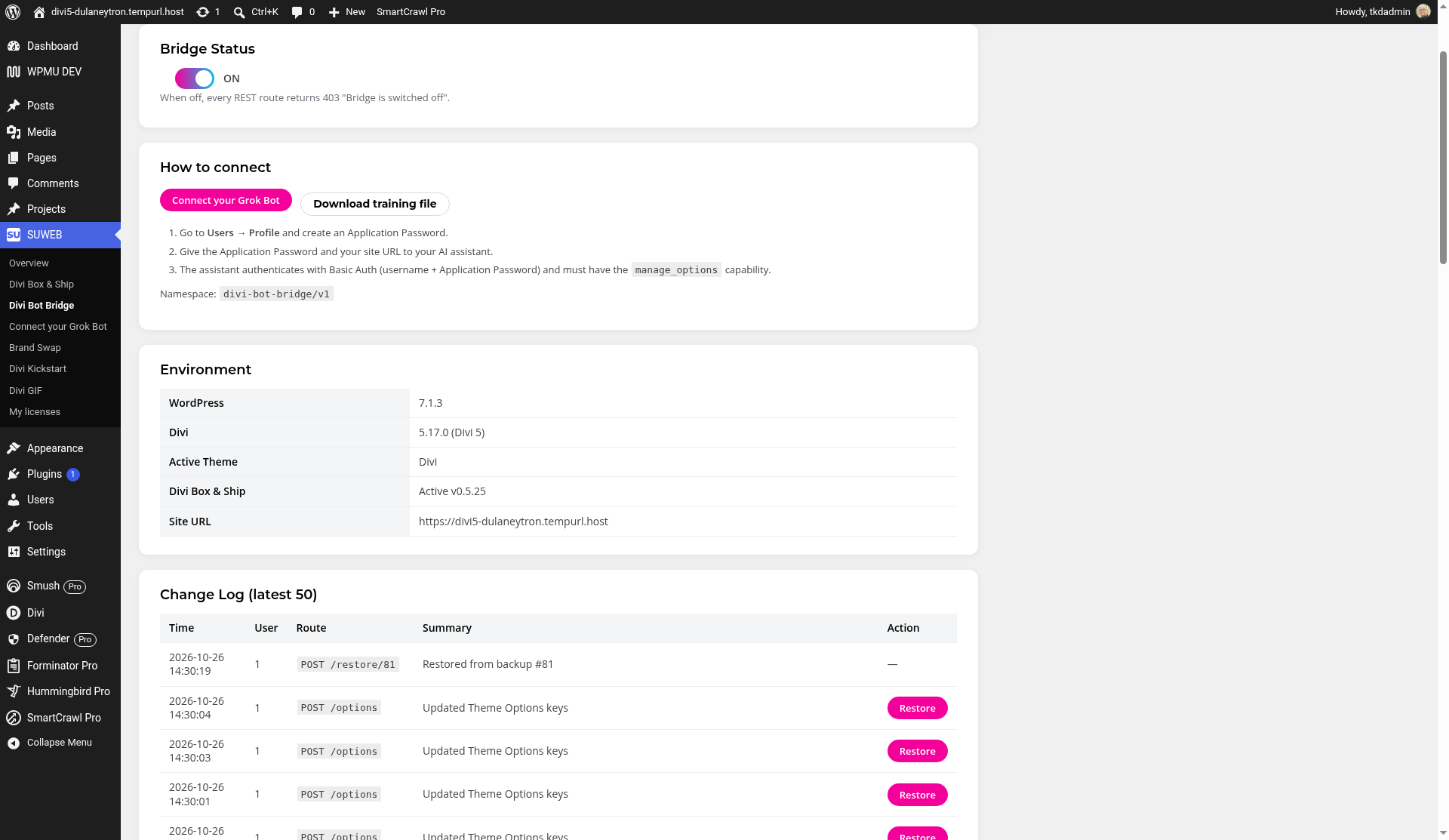 The Change Log with Restore buttons Divi Bot Bridge: The Change Log with Restore buttons