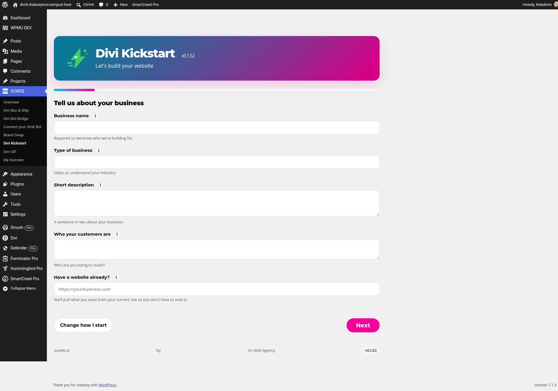 Guide me, step 1: Tell us about your business Divi Kickstart: Guide me, step 1: Tell us about your business