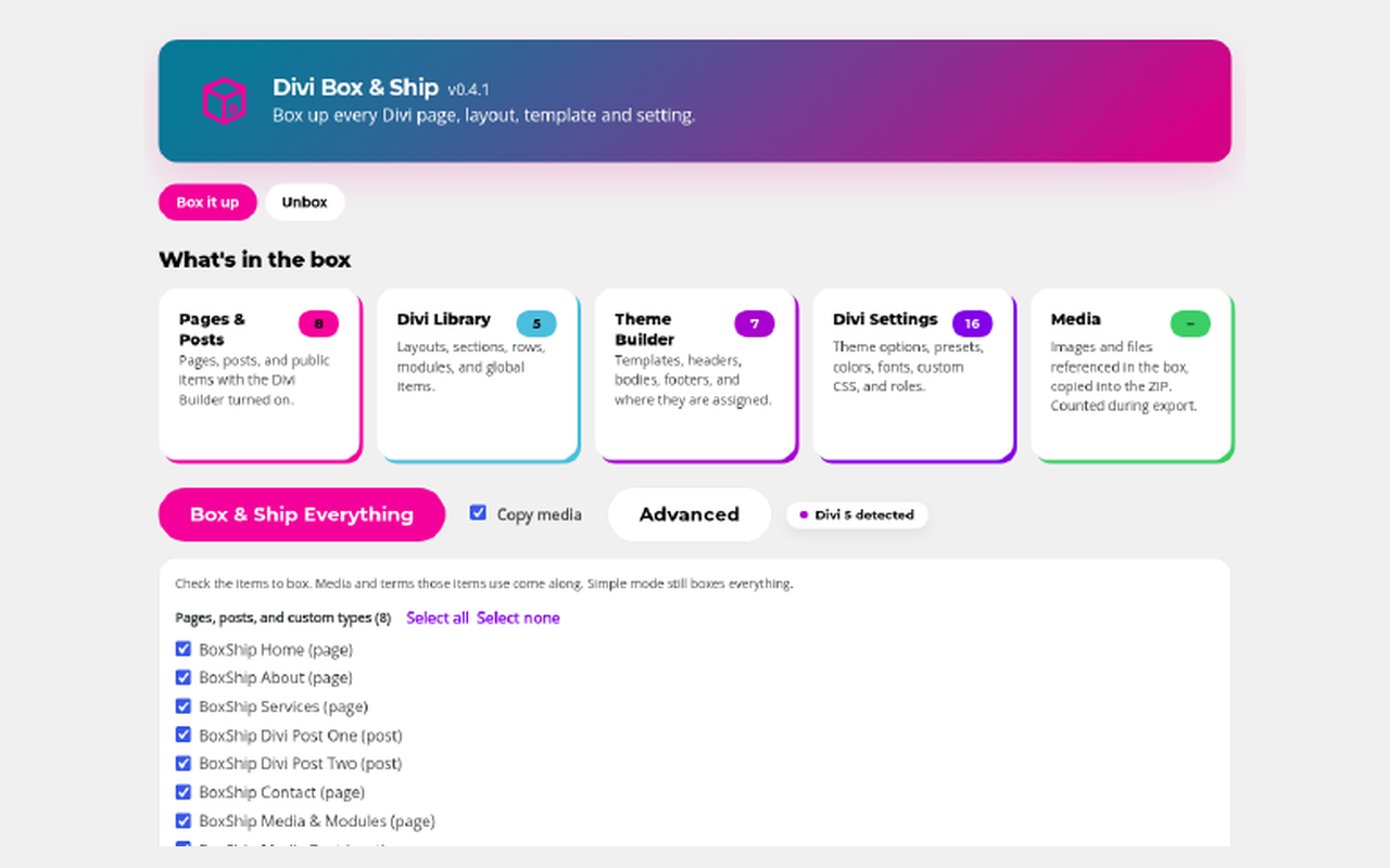 What's in the box: every page, Library item, Theme Builder template and setting, counted before you box. Divi Box & Ship: What's in the box: every page, Library item, Theme Builder template and setting, counted before you box.